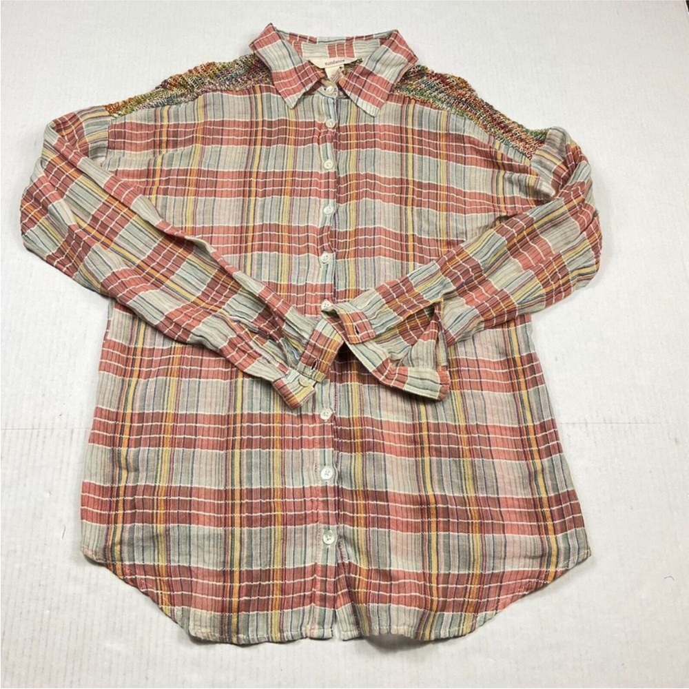 BOGO Sundance Womens Button Down Shirt Plaid knit details,  Long Sleeve Boho